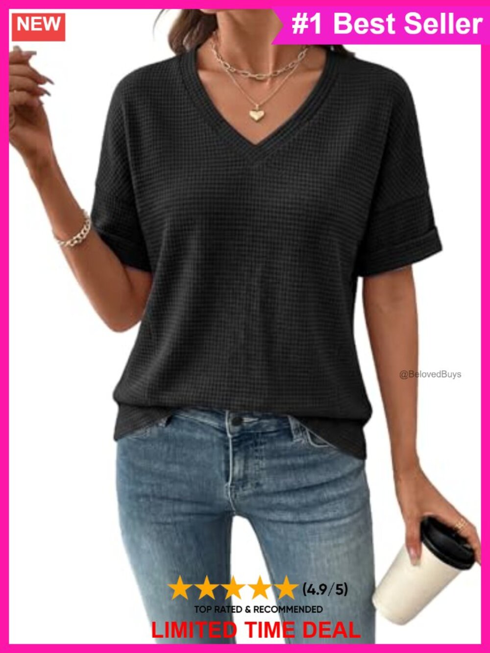 Waffle Knit V-Neck Short Sleeve Hollow Out Tunic Top